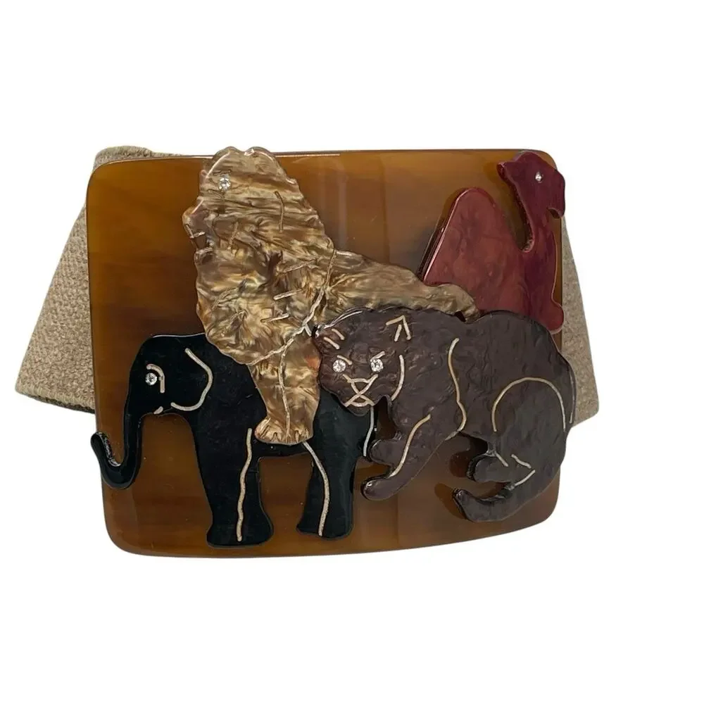 Vintage Statement Belt Buckle Animal Safari Plastic Rhinestone Eyes Stretchy